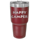 Laser etched maroon 30 oz vacuum insulated tumbler with 'Happy Camper' design
