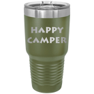 Laser etched olive green 30 oz vacuum insulated tumbler with 'Happy Camper' design
