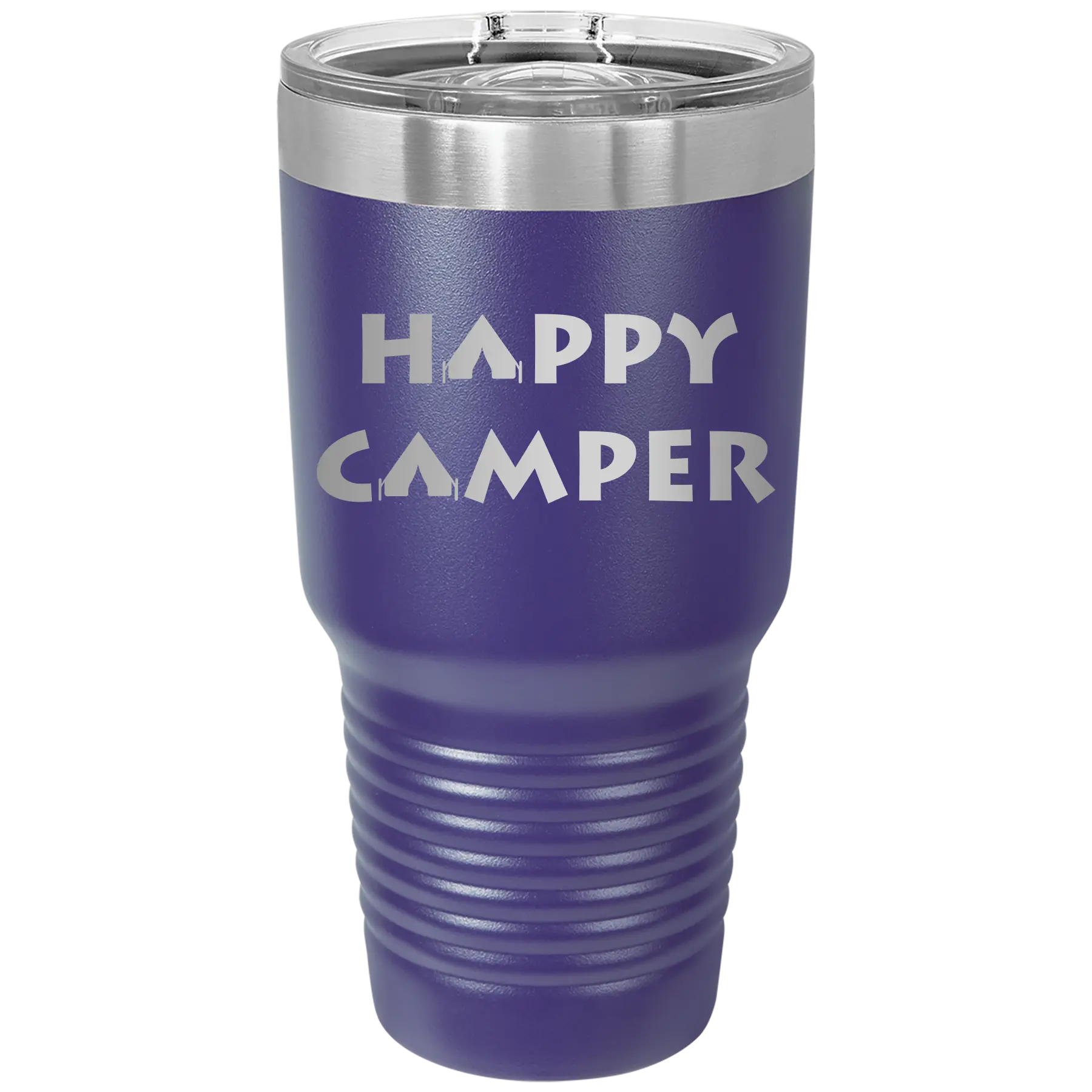 Laser etched purple 30 oz vacuum insulated tumbler with 'Happy Camper' design
