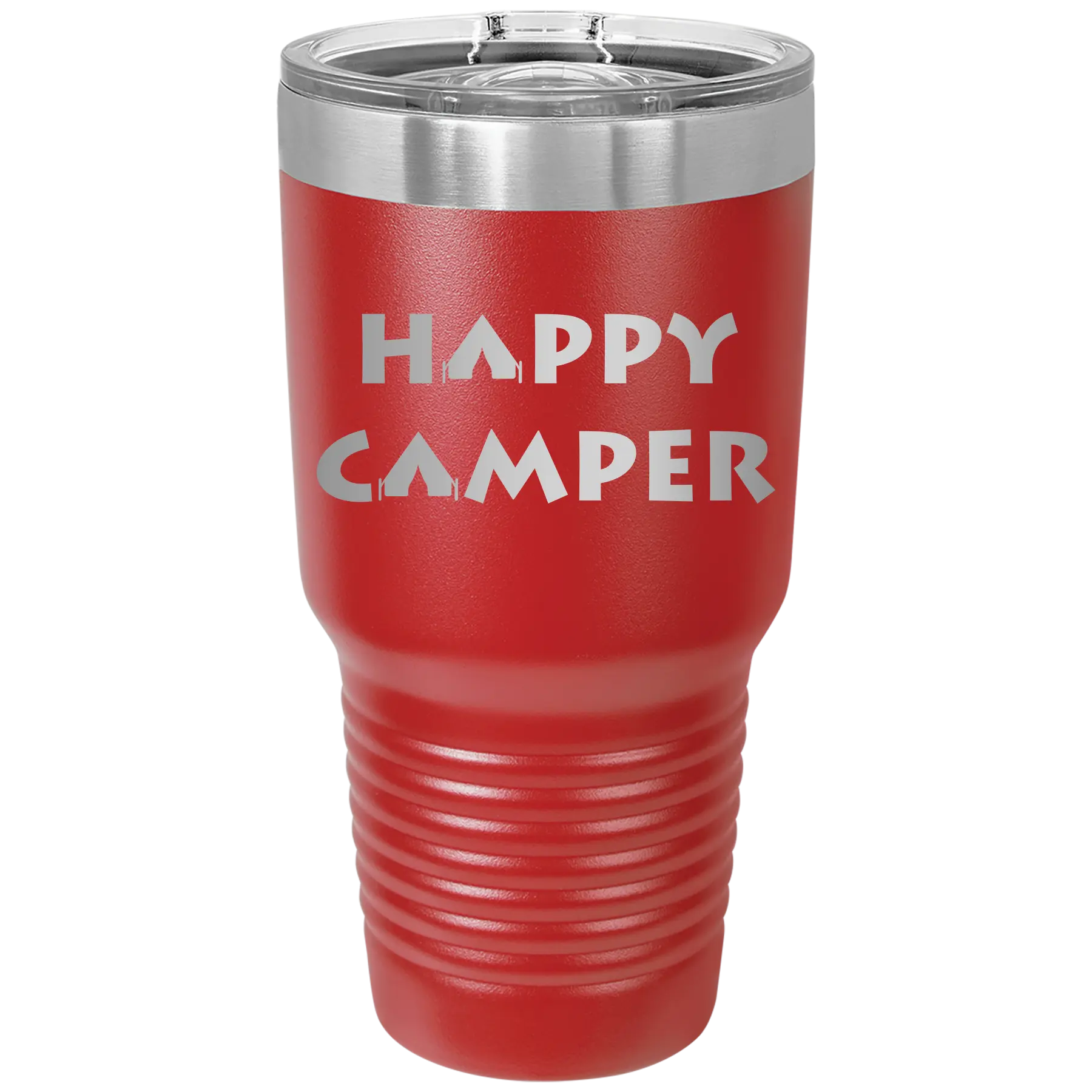 Laser etched red 30 oz vacuum insulated tumbler with 'Happy Camper' design