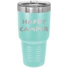 Laser etched teal 30 oz vacuum insulated tumbler with 'Happy Camper' design