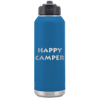 Laser etched royal blue 32 oz vacuum insulated water bottle with 'Happy Camper' design