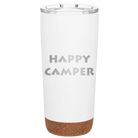 Laser etched white 20 oz vacuum insulated tumbler with 'Happy Camper' design