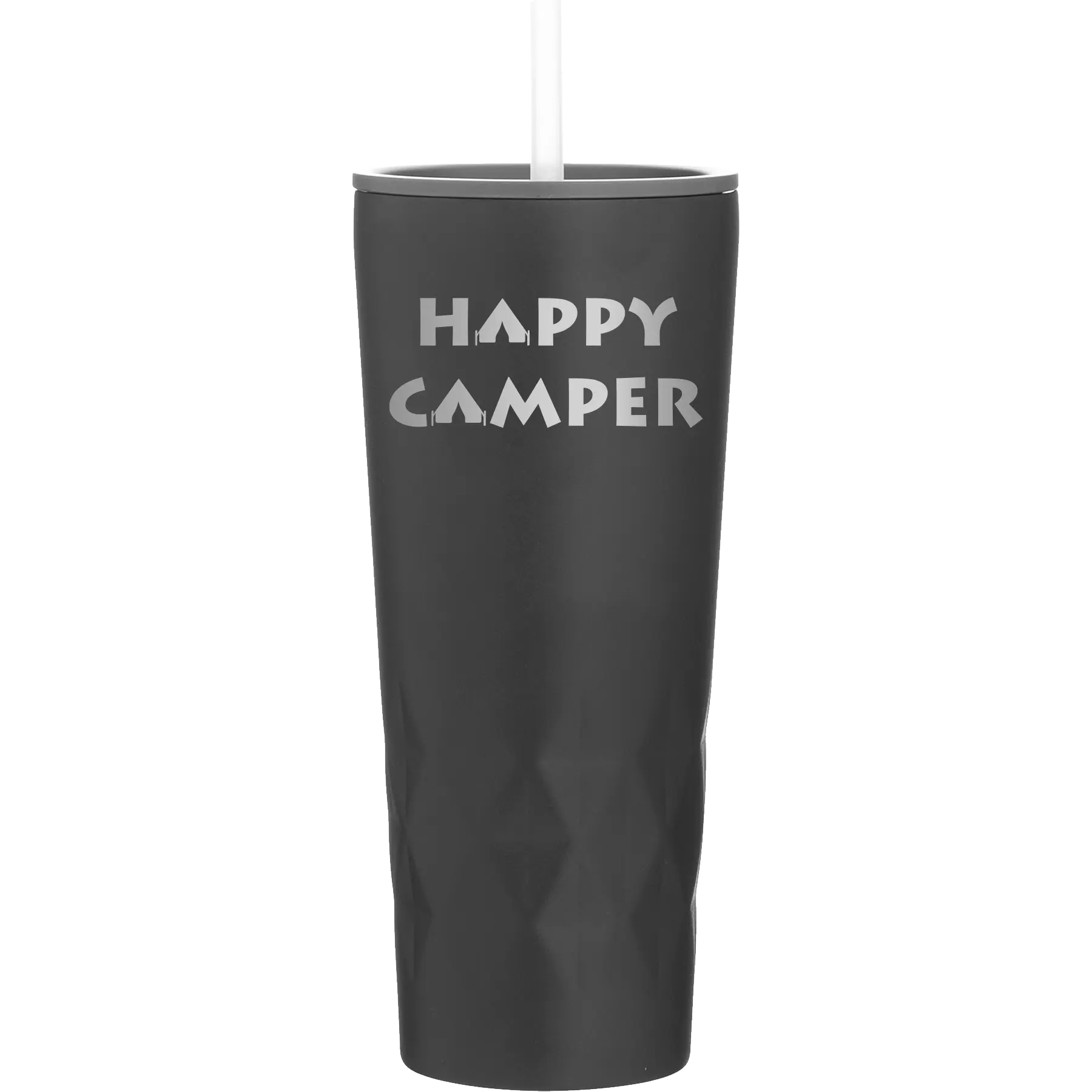Laser etched black 20 oz vacuum insulated tumbler with 'Happy Camper' design