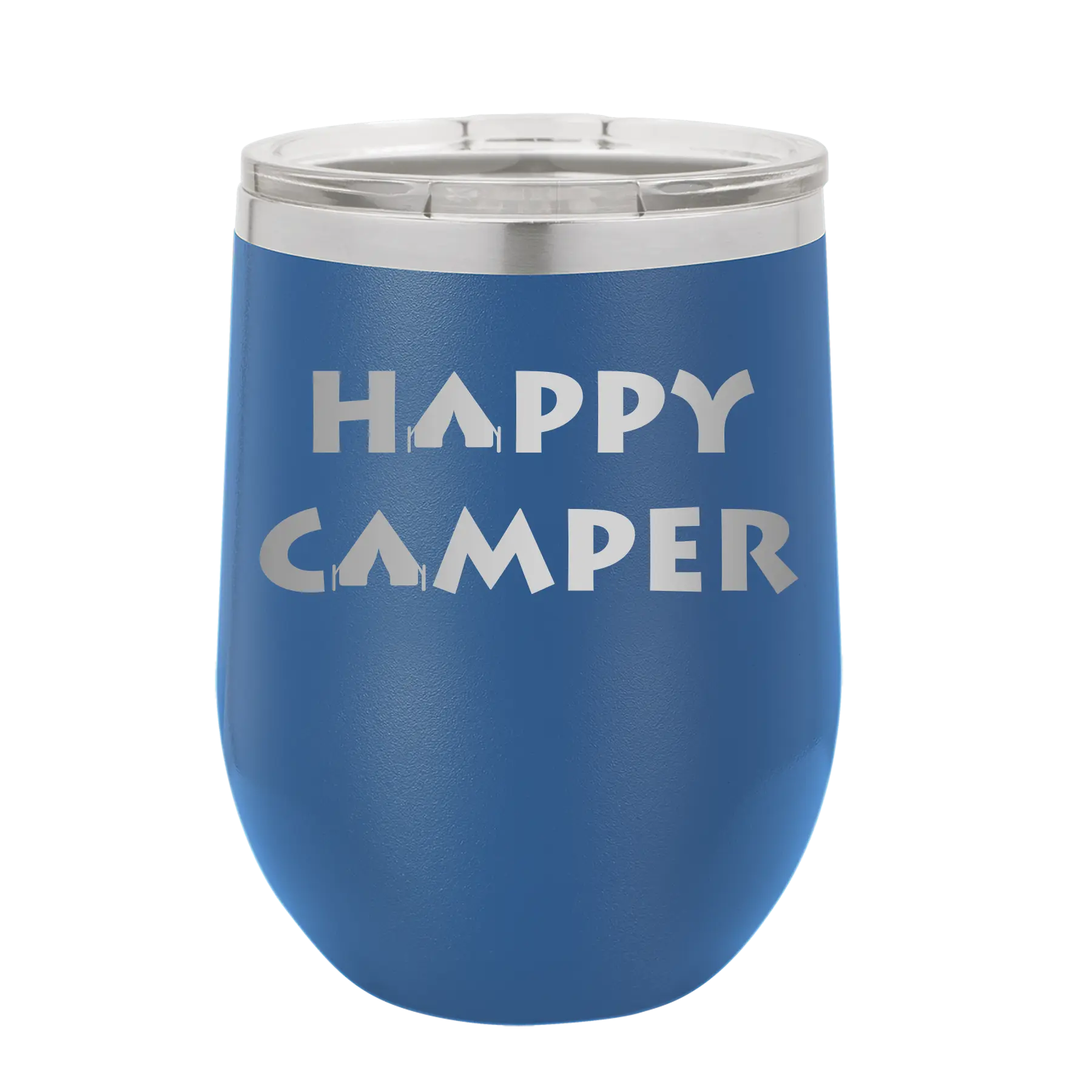 Laser etched royal blue 12 oz vacuum insulated wine cup with 'Happy Camper' design