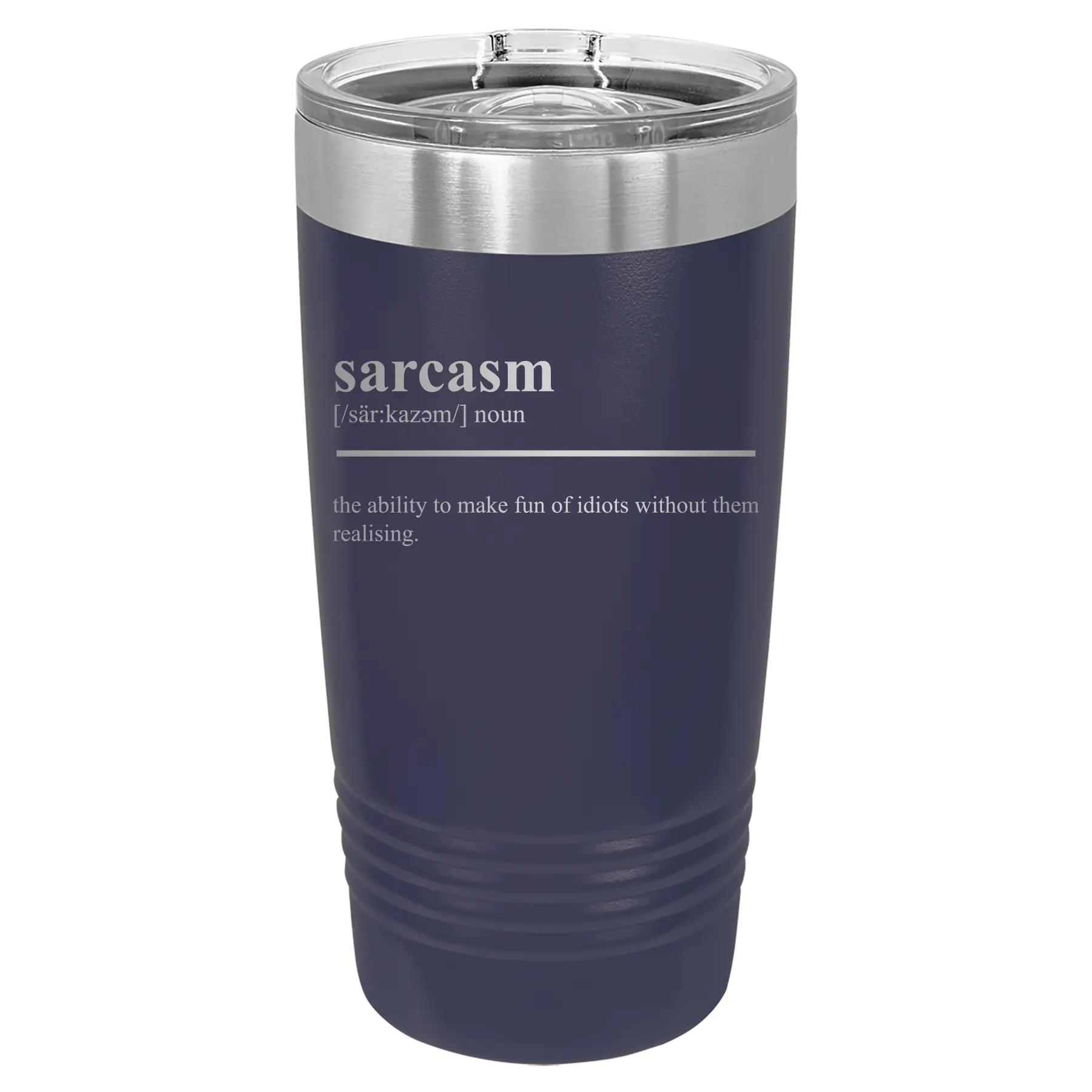 Laser etched navy 20 oz vacuum insulated tumbler with 'Sarcasm' design