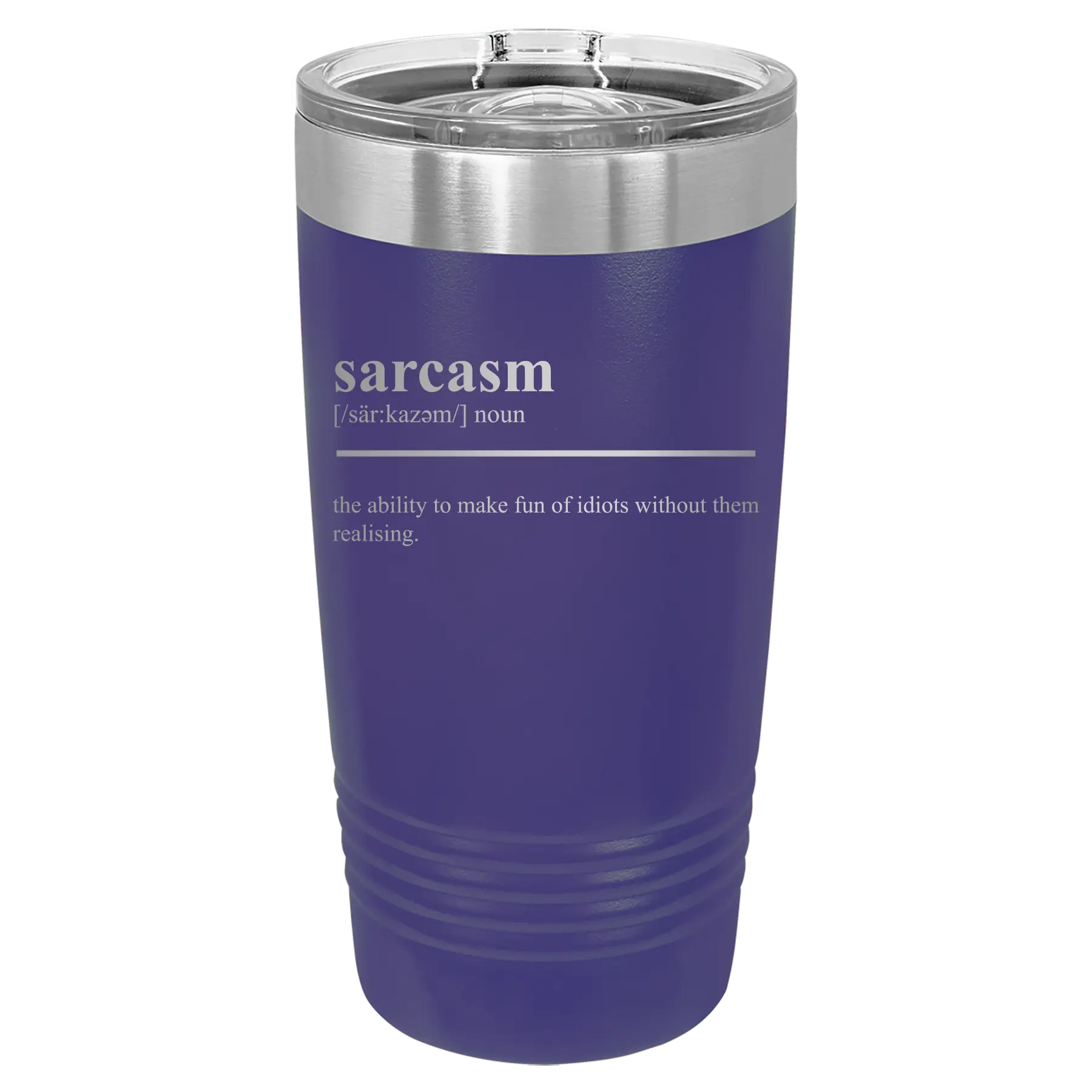 Laser etched purple 20 oz vacuum insulated tumbler with 'Sarcasm' design