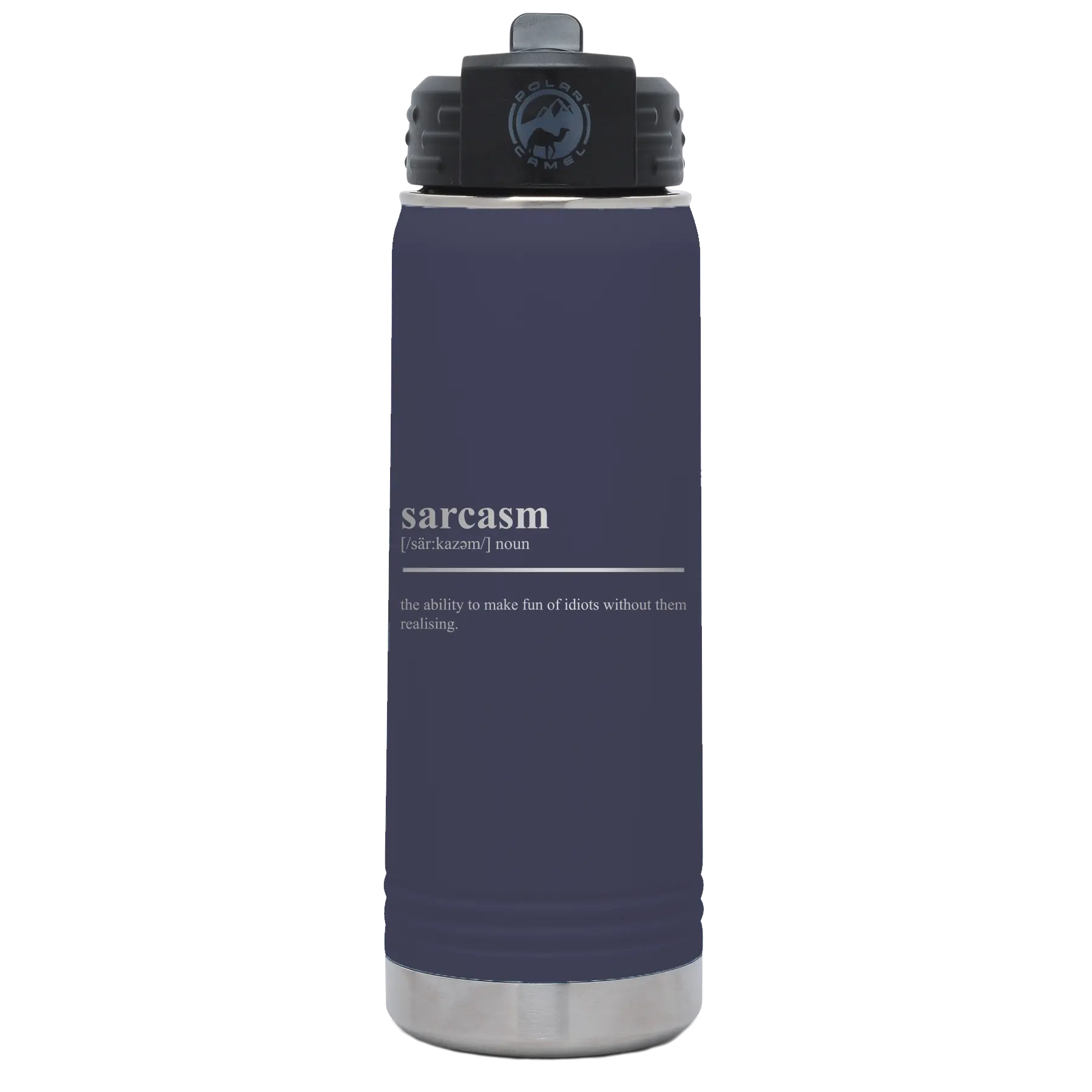 Laser etched navy 20 oz vacuum insulated water bottle with 'Sarcasm' design
