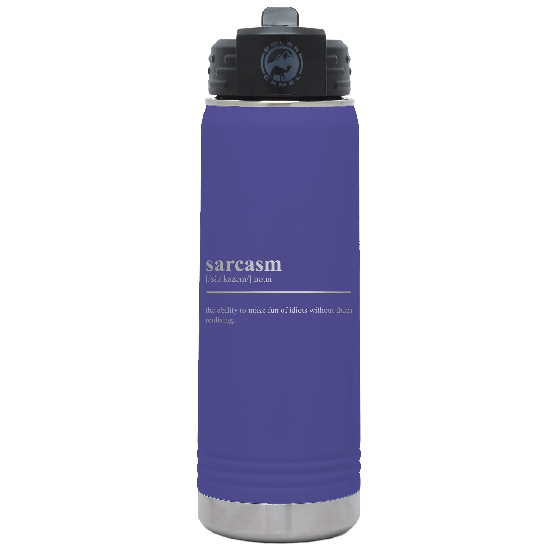 Laser etched purple 20 oz vacuum insulated water bottle with 'Sarcasm' design