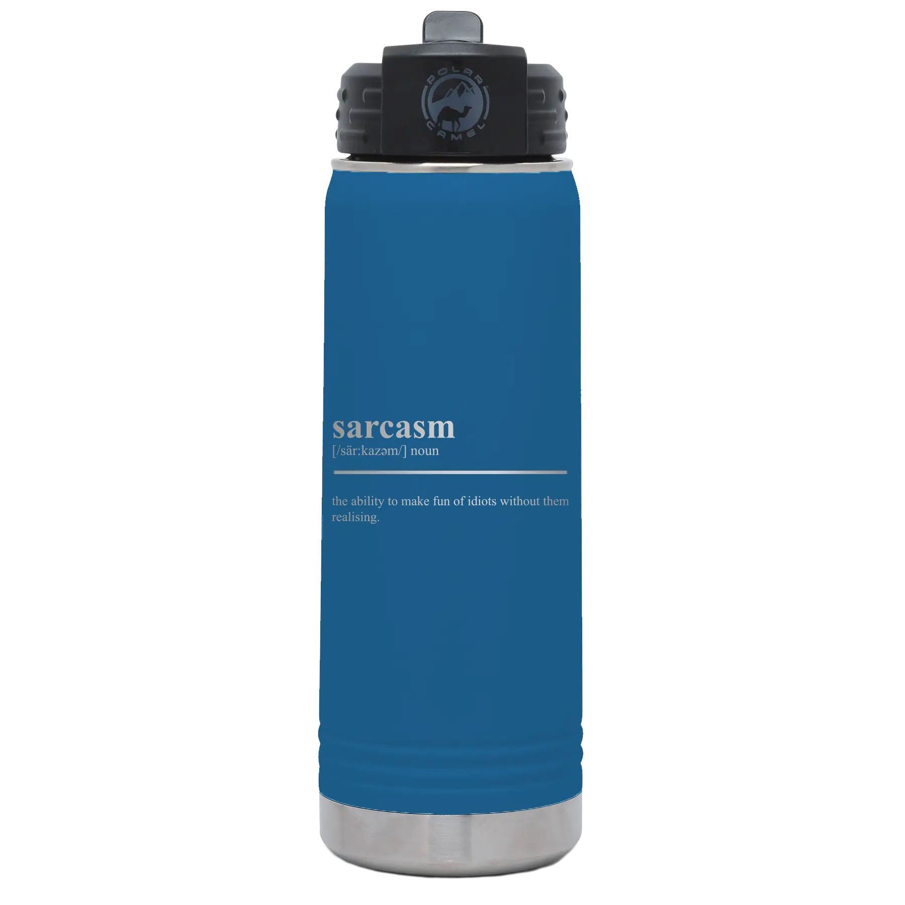 Laser etched royal blue 20 oz vacuum insulated water bottle with 'Sarcasm' design