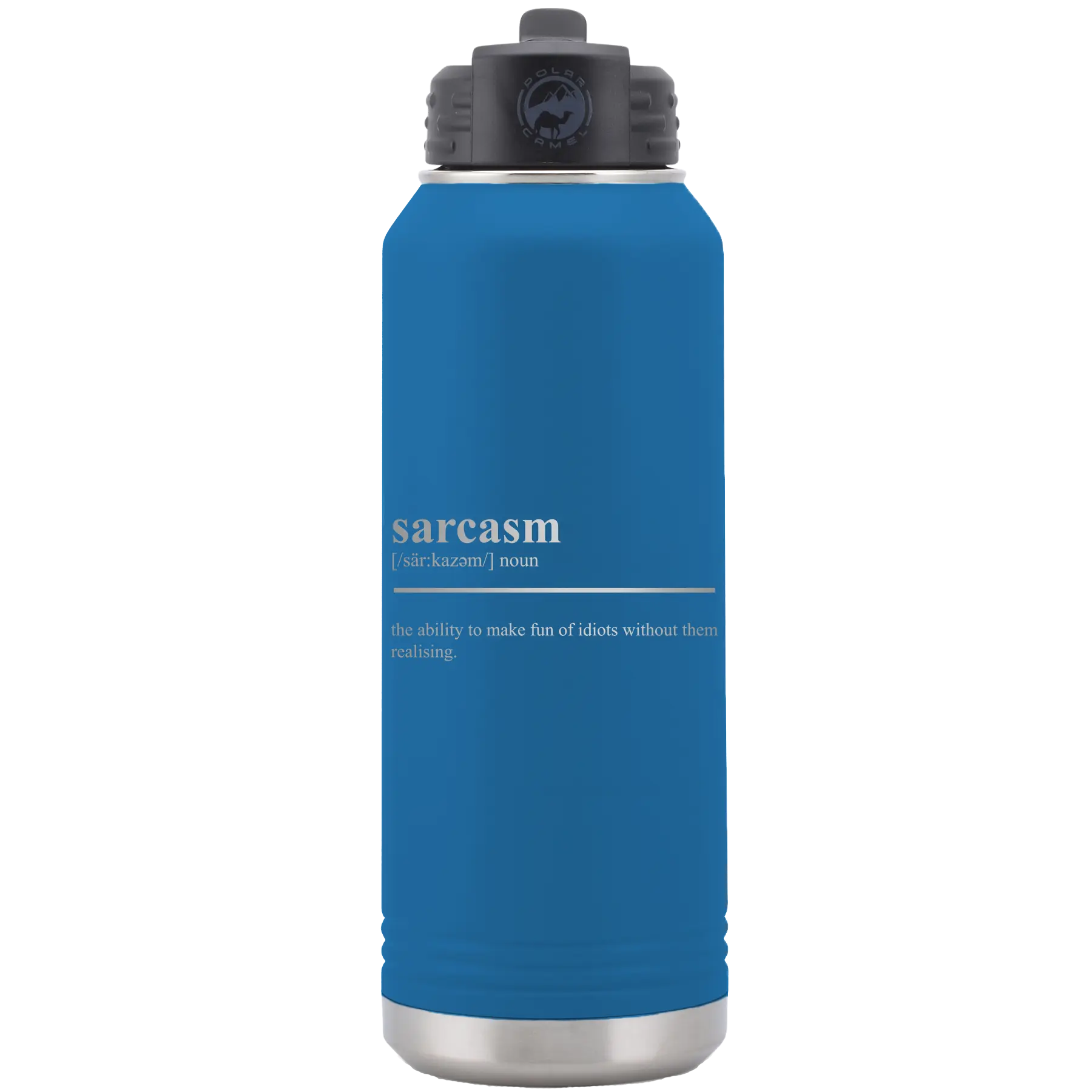 Laser etched royal blue 32 oz vacuum insulated water bottle with 'Sarcasm' design