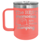 Laser etched coral 15 oz vacuum insulated coffee mug with 'Camping' design