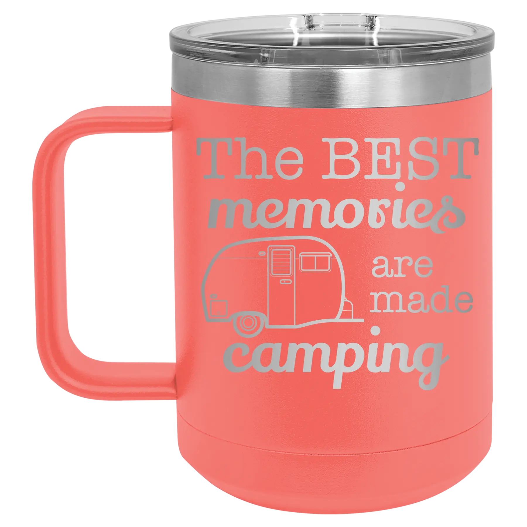 Laser etched coral 15 oz vacuum insulated coffee mug with 'Camping' design