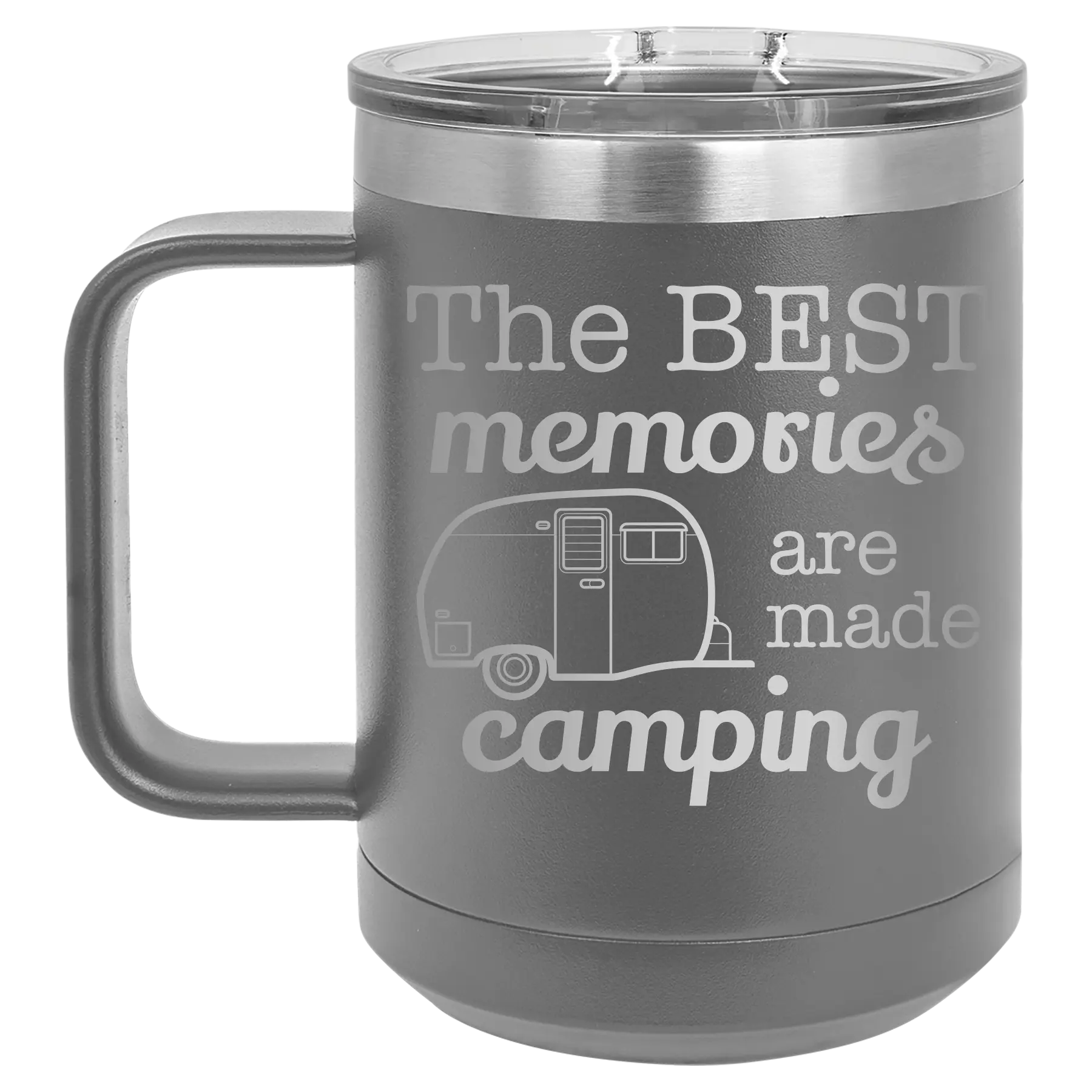 Laser etched dark gray 15 oz vacuum insulated coffee mug with 'Camping' design