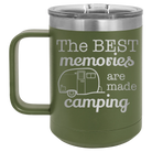 Laser etched olive green 15 oz vacuum insulated coffee mug with 'Camping' design