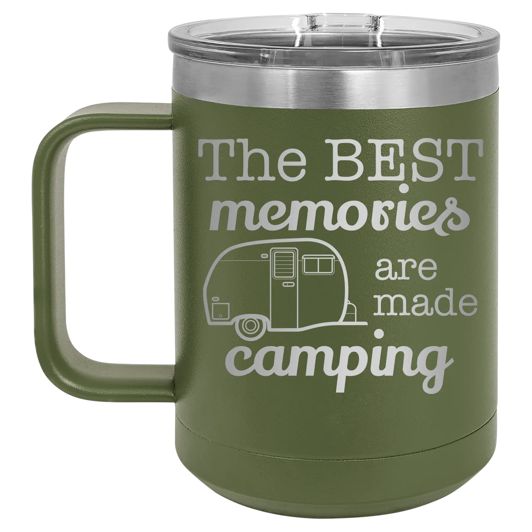 Laser etched olive green 15 oz vacuum insulated coffee mug with 'Camping' design