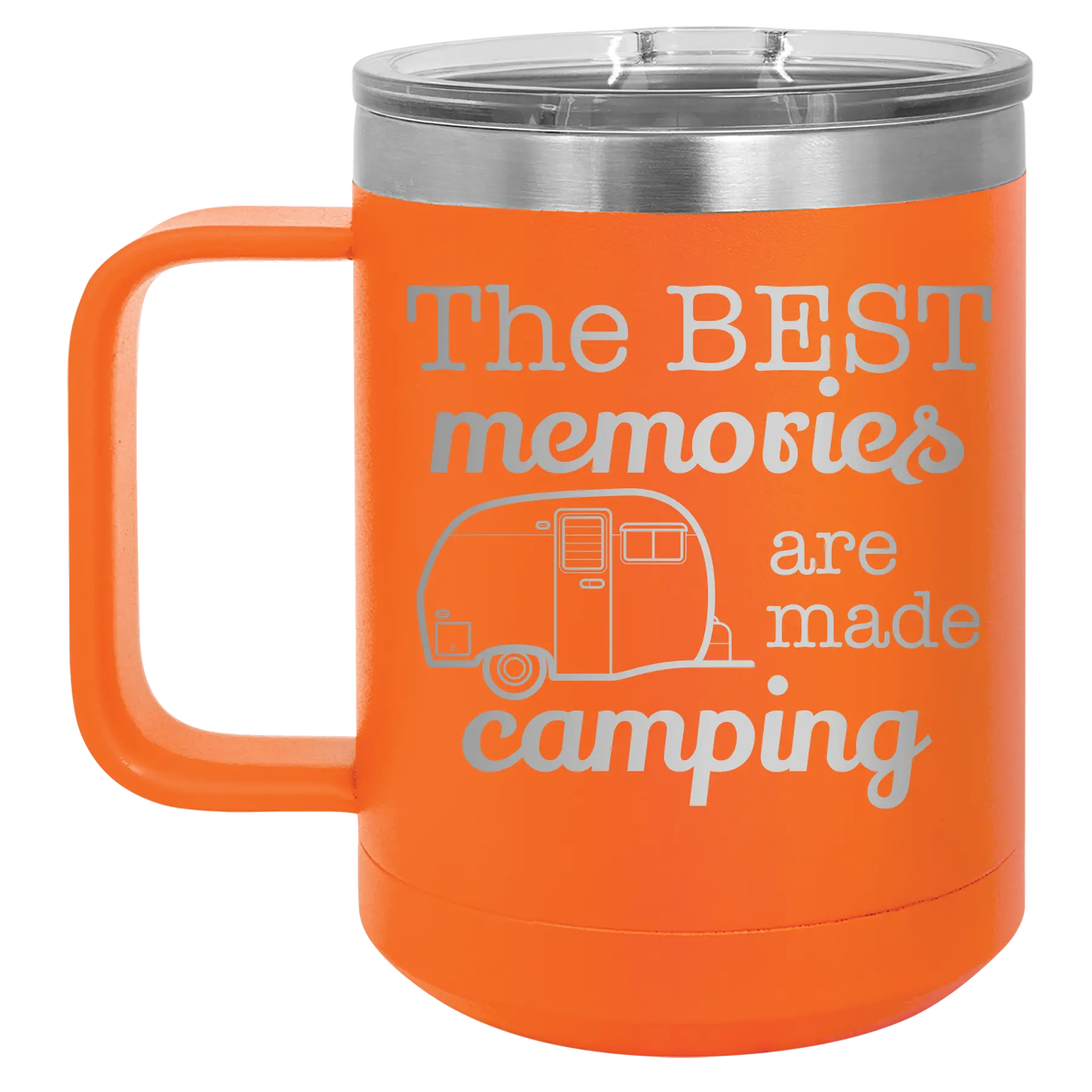Laser etched orange 15 oz vacuum insulated coffee mug with 'Camping' design