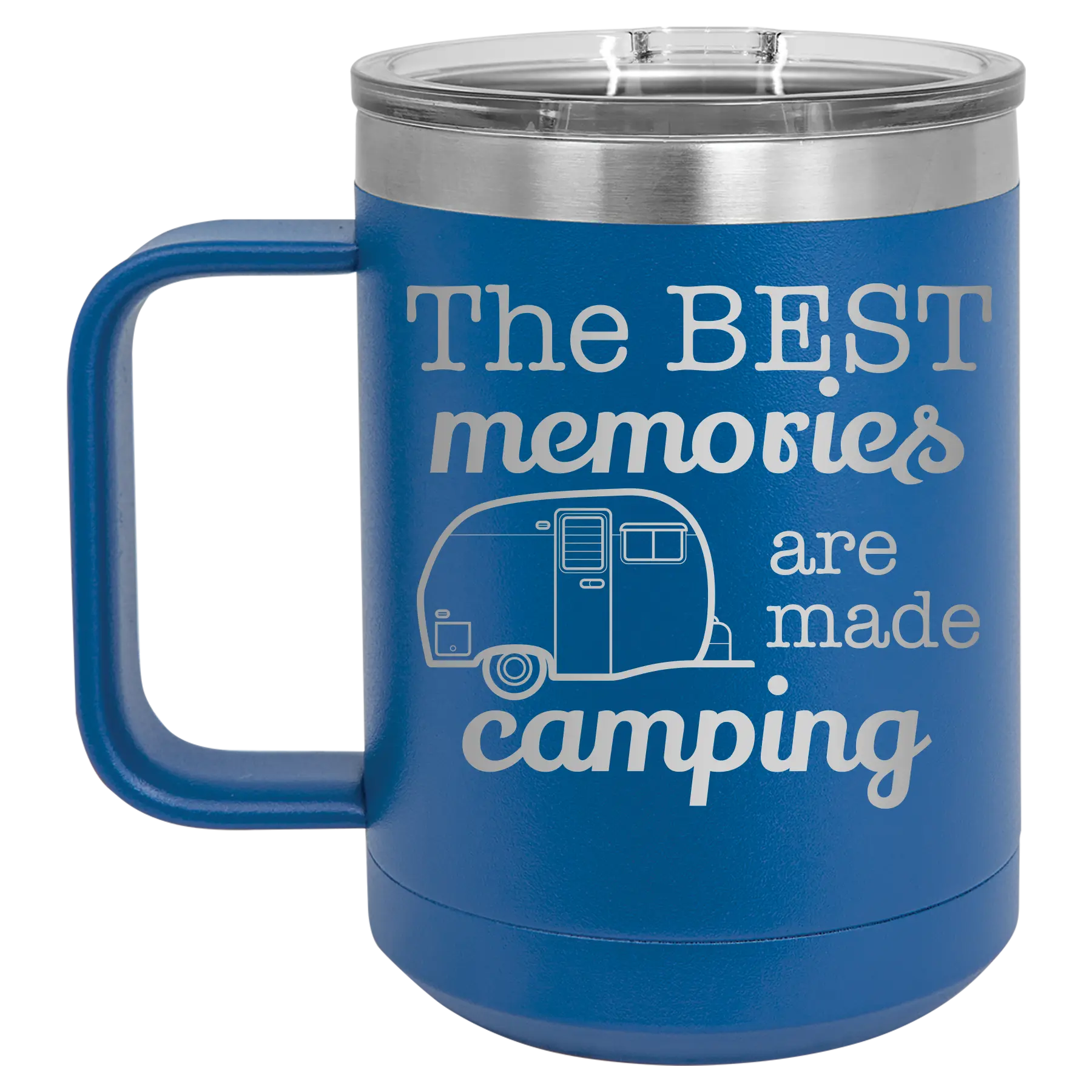 Laser etched royal blue 15 oz vacuum insulated coffee mug with 'Camping' design