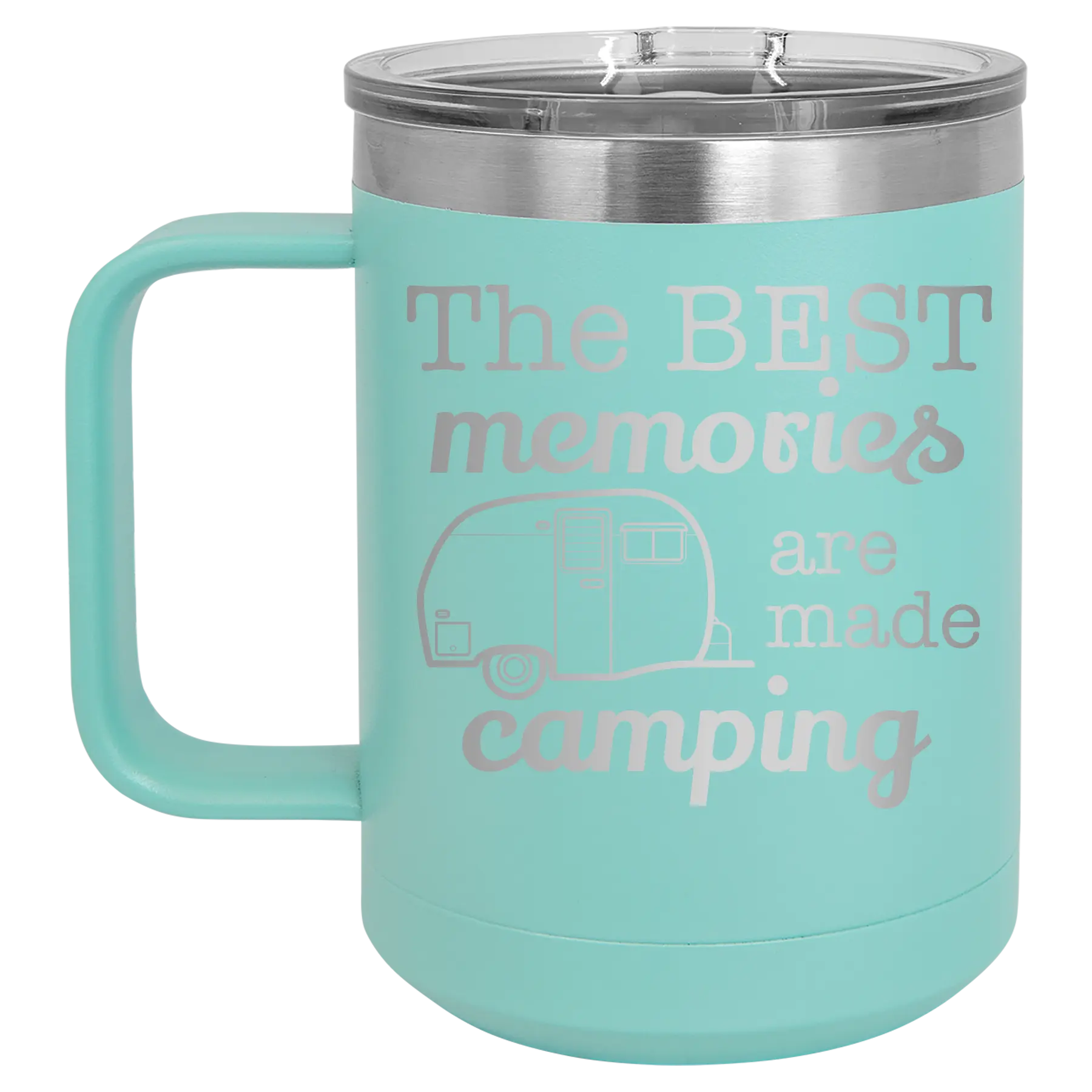 Laser etched teal 15 oz vacuum insulated coffee mug with 'Camping' design