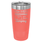 Laser etched coral 20 oz vacuum insulated tumbler with 'Camping' design
