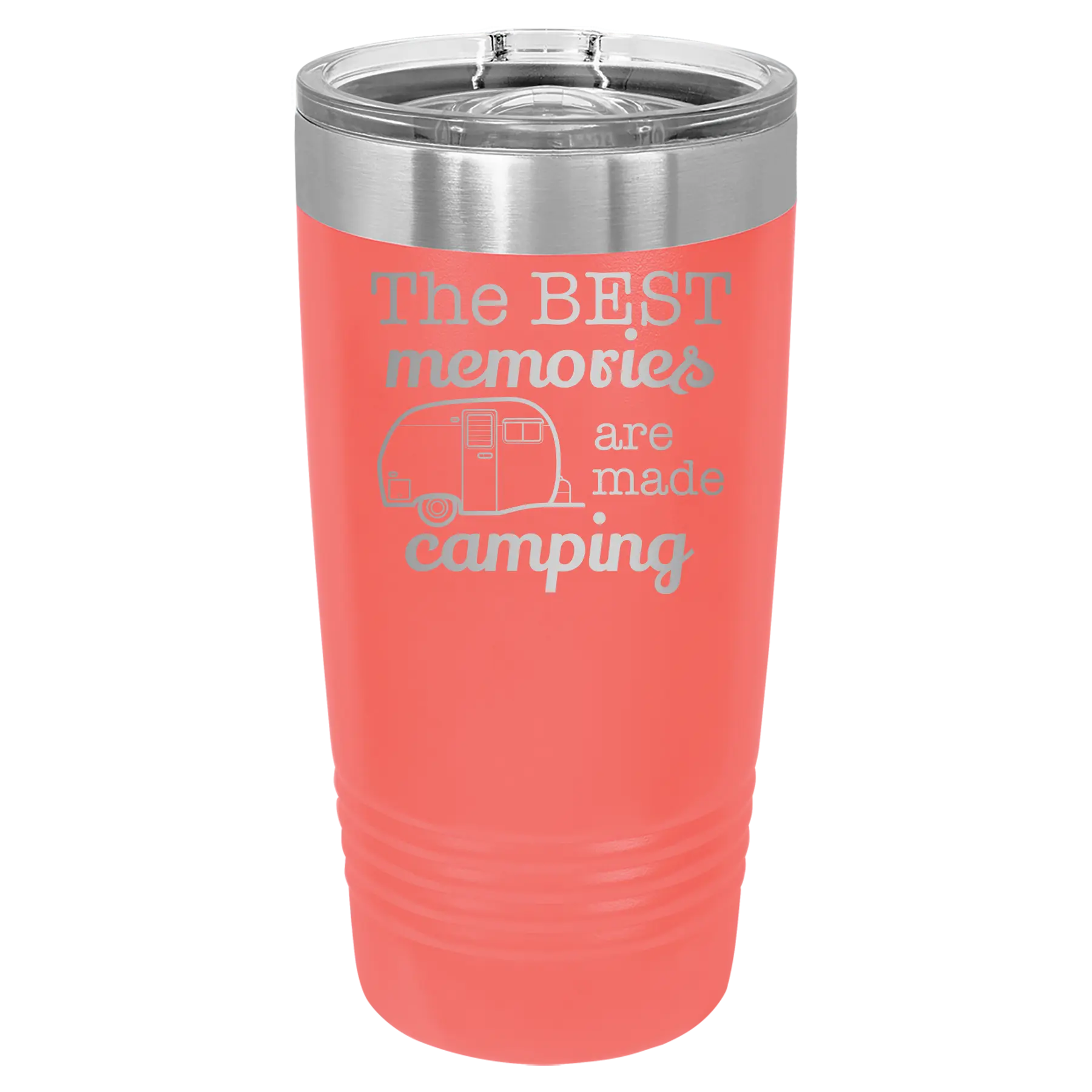 Laser etched coral 20 oz vacuum insulated tumbler with 'Camping' design