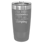Laser etched dark gray 20 oz vacuum insulated tumbler with 'Camping' design