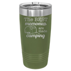 Laser etched olive green 20 oz vacuum insulated tumbler with 'Camping' design