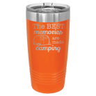 Laser etched orange 20 oz vacuum insulated tumbler with 'Camping' design