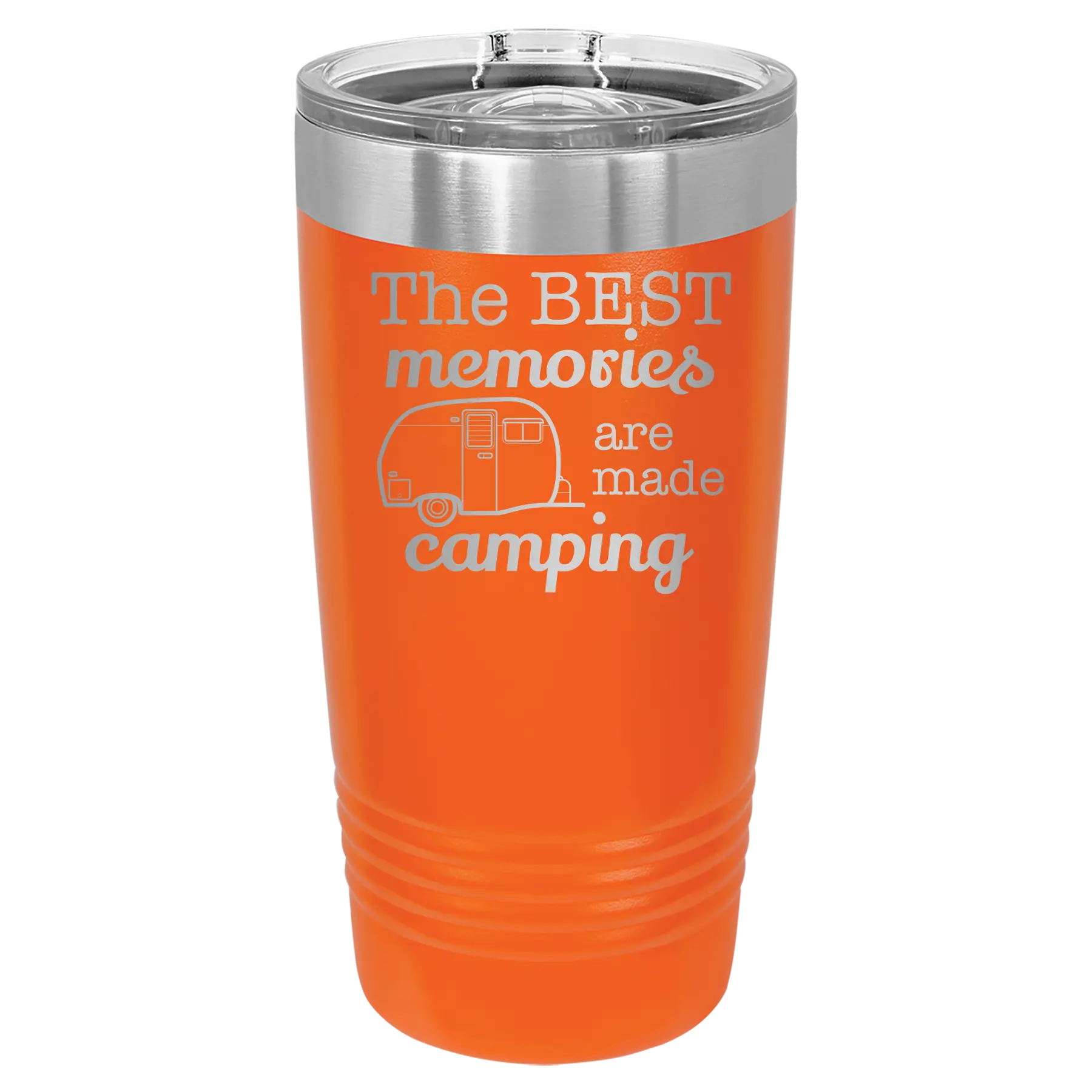 Laser etched orange 20 oz vacuum insulated tumbler with 'Camping' design