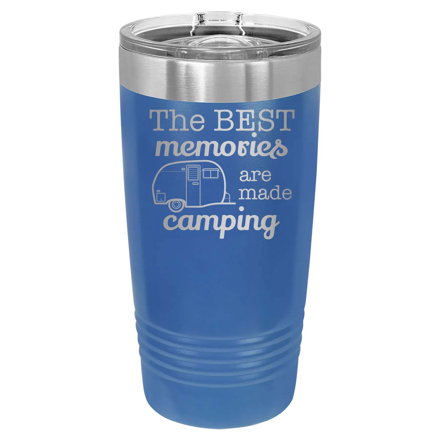 Laser etched royal blue 20 oz vacuum insulated tumbler with 'Camping' design