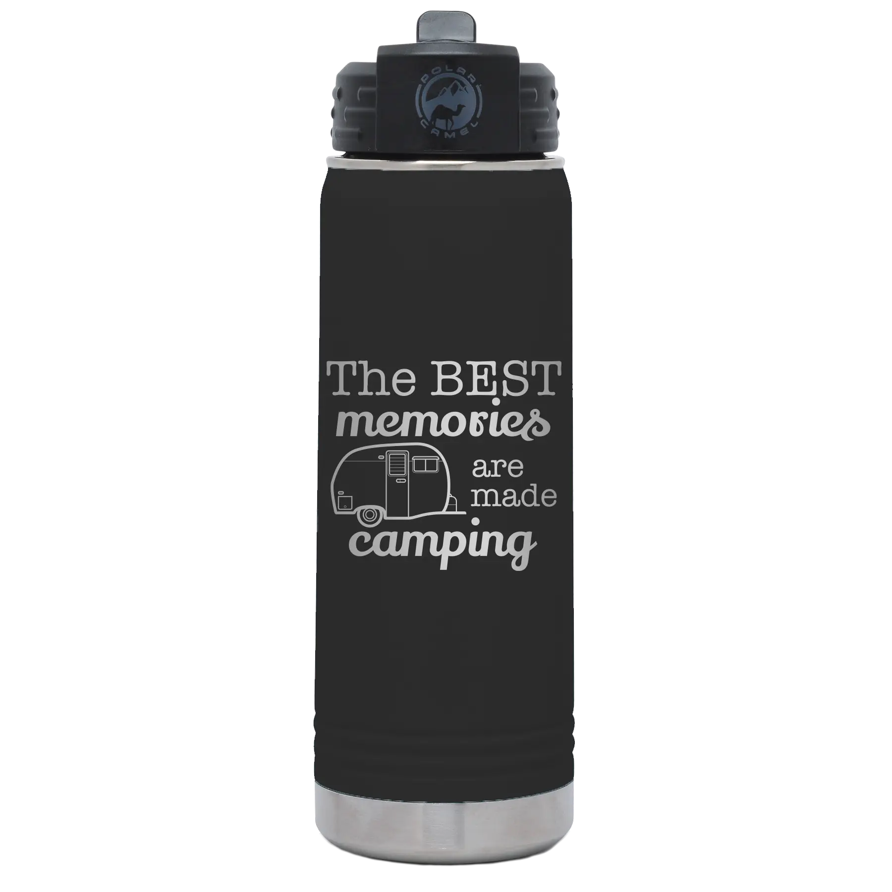 Laser etched black 20 oz vacuum insulated water bottle with 'Camping' design