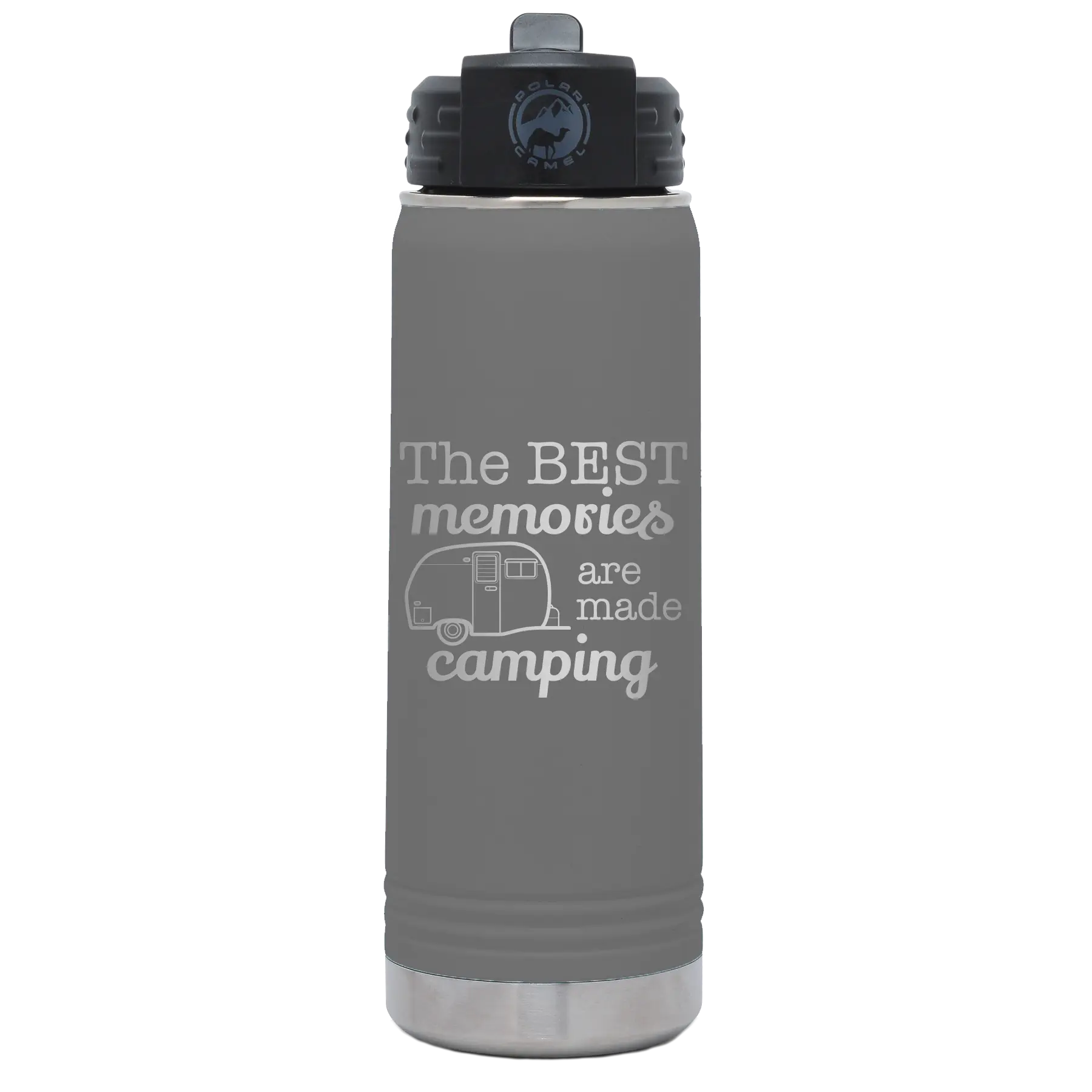 Laser etched dark gray 20 oz vacuum insulated water bottle with 'Camping' design