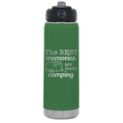 Laser etched green 20 oz vacuum insulated water bottle with 'Camping' design