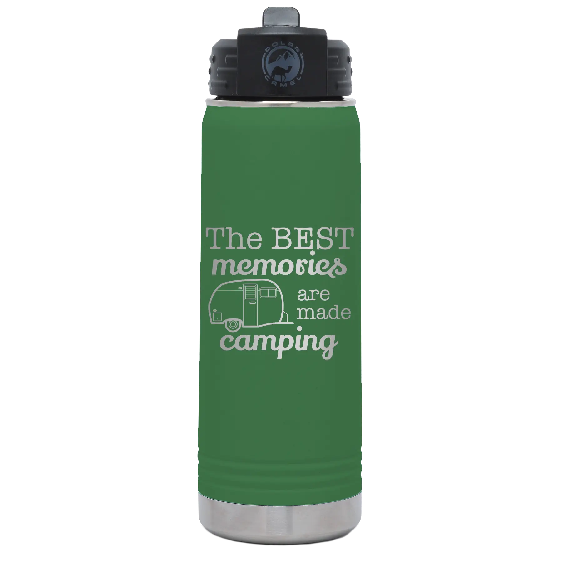 Laser etched green 20 oz vacuum insulated water bottle with 'Camping' design