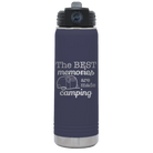 Laser etched navy 20 oz vacuum insulated water bottle with 'Camping' design