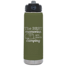 Laser etched olive green 20 oz vacuum insulated water bottle with 'Camping' design