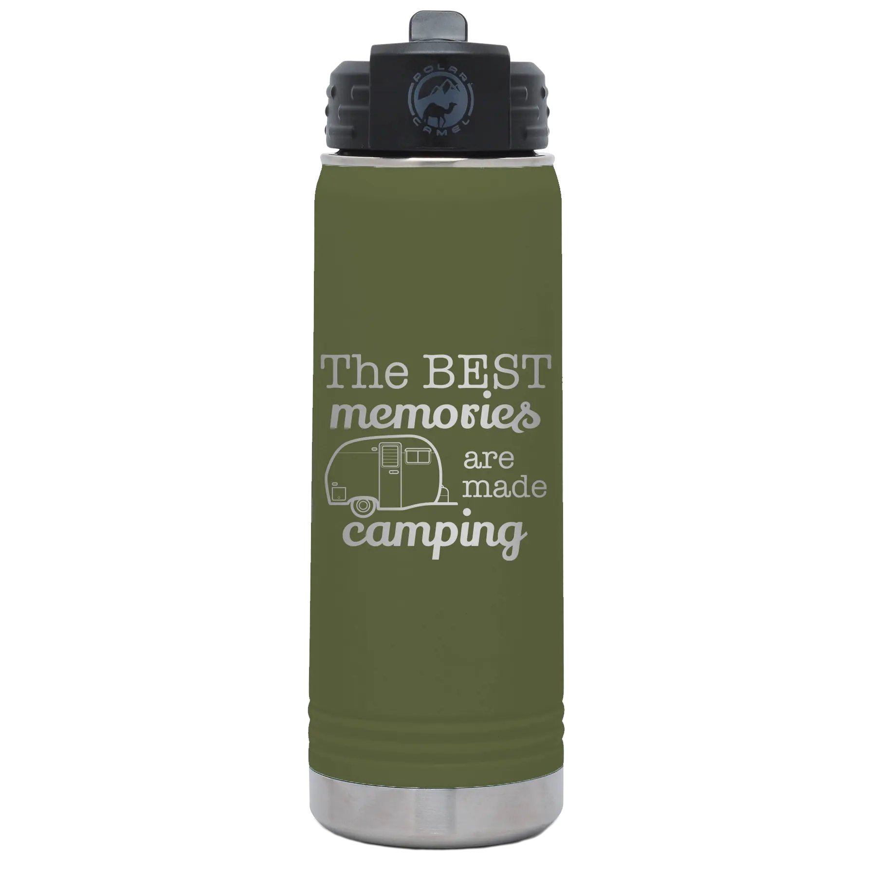 Laser etched olive green 20 oz vacuum insulated water bottle with 'Camping' design