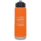 Laser etched orange 20 oz vacuum insulated water bottle with 'Camping' design