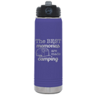 Laser etched purple 20 oz vacuum insulated water bottle with 'Camping' design