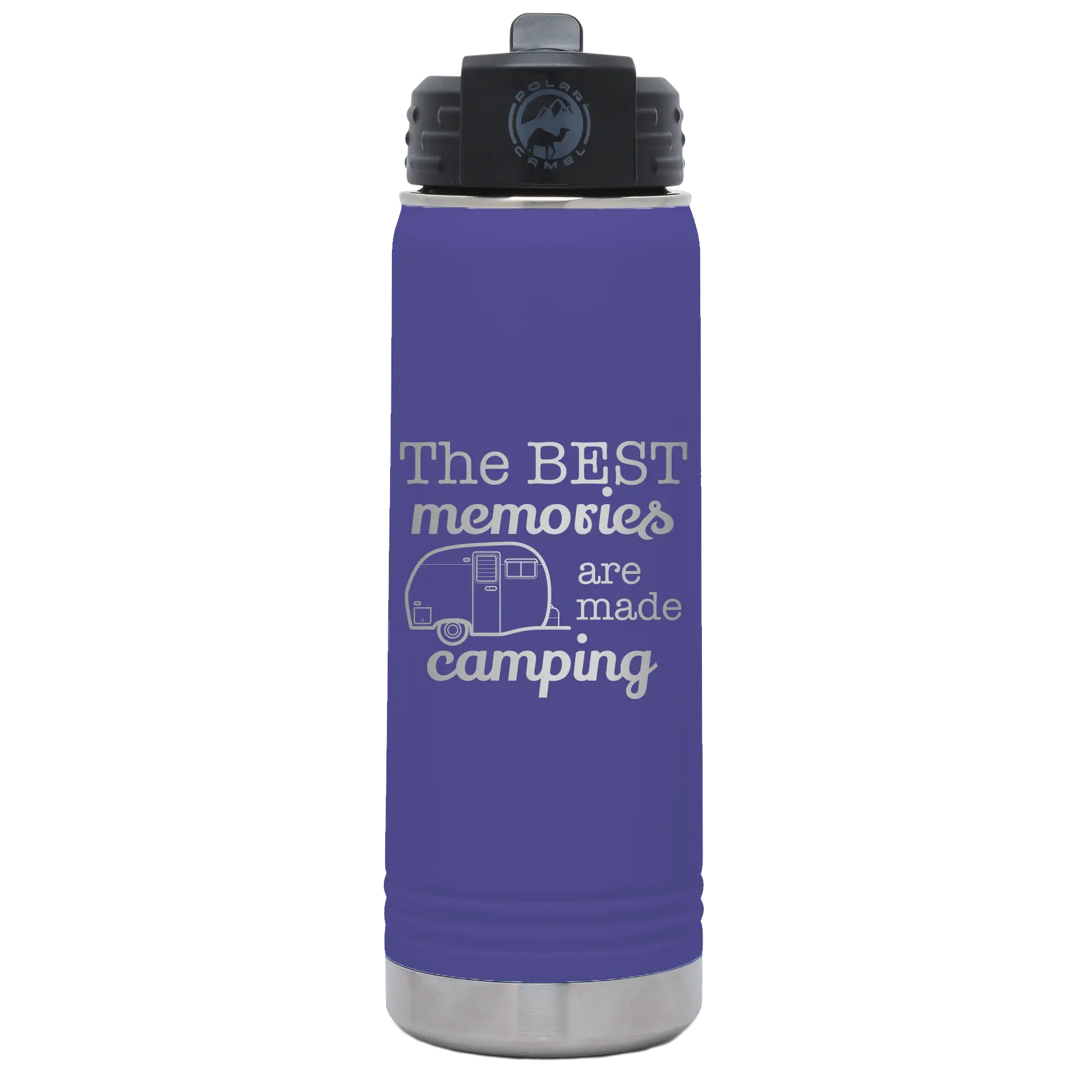 Laser etched purple 20 oz vacuum insulated water bottle with 'Camping' design