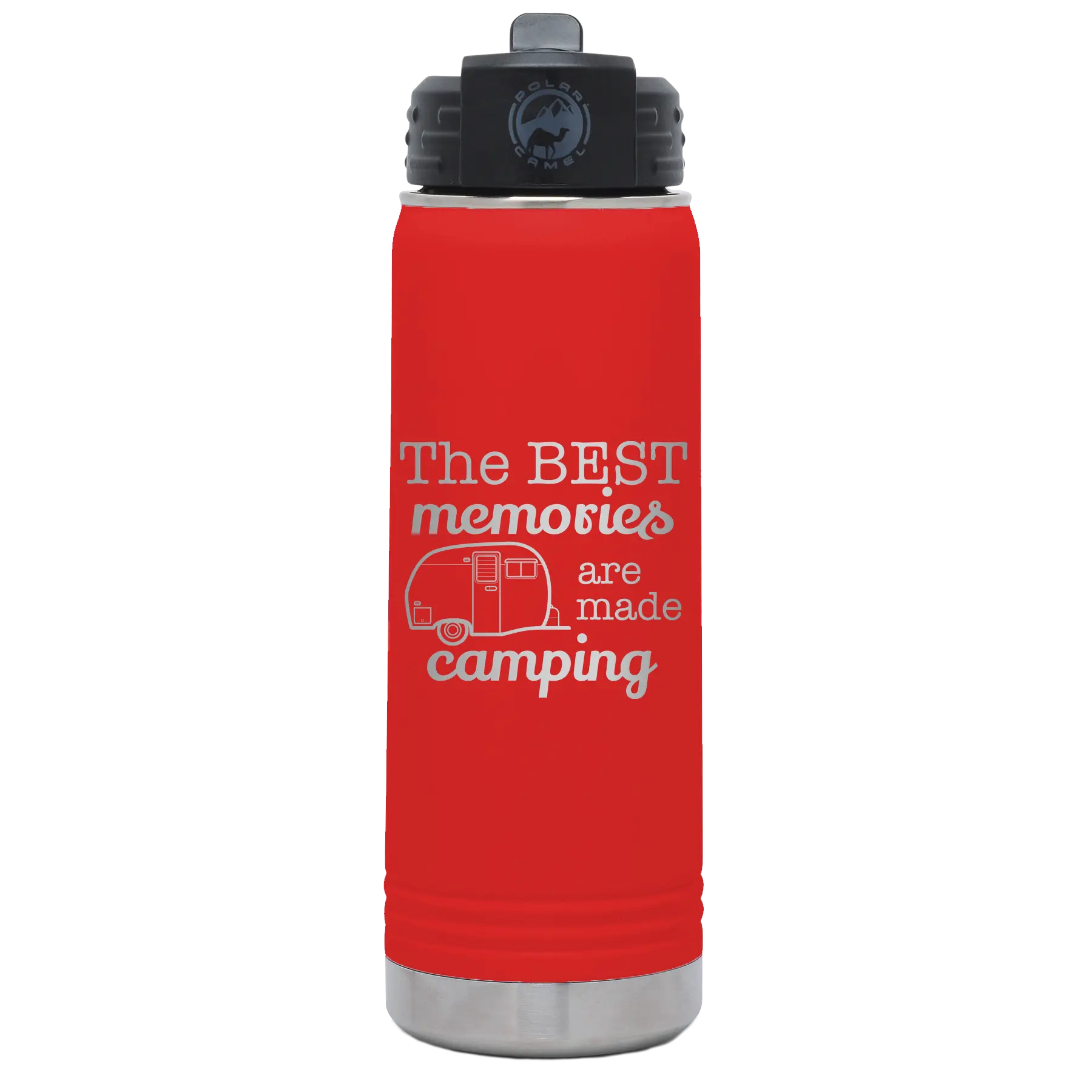 Laser etched red 20 oz vacuum insulated water bottle with 'Camping' design
