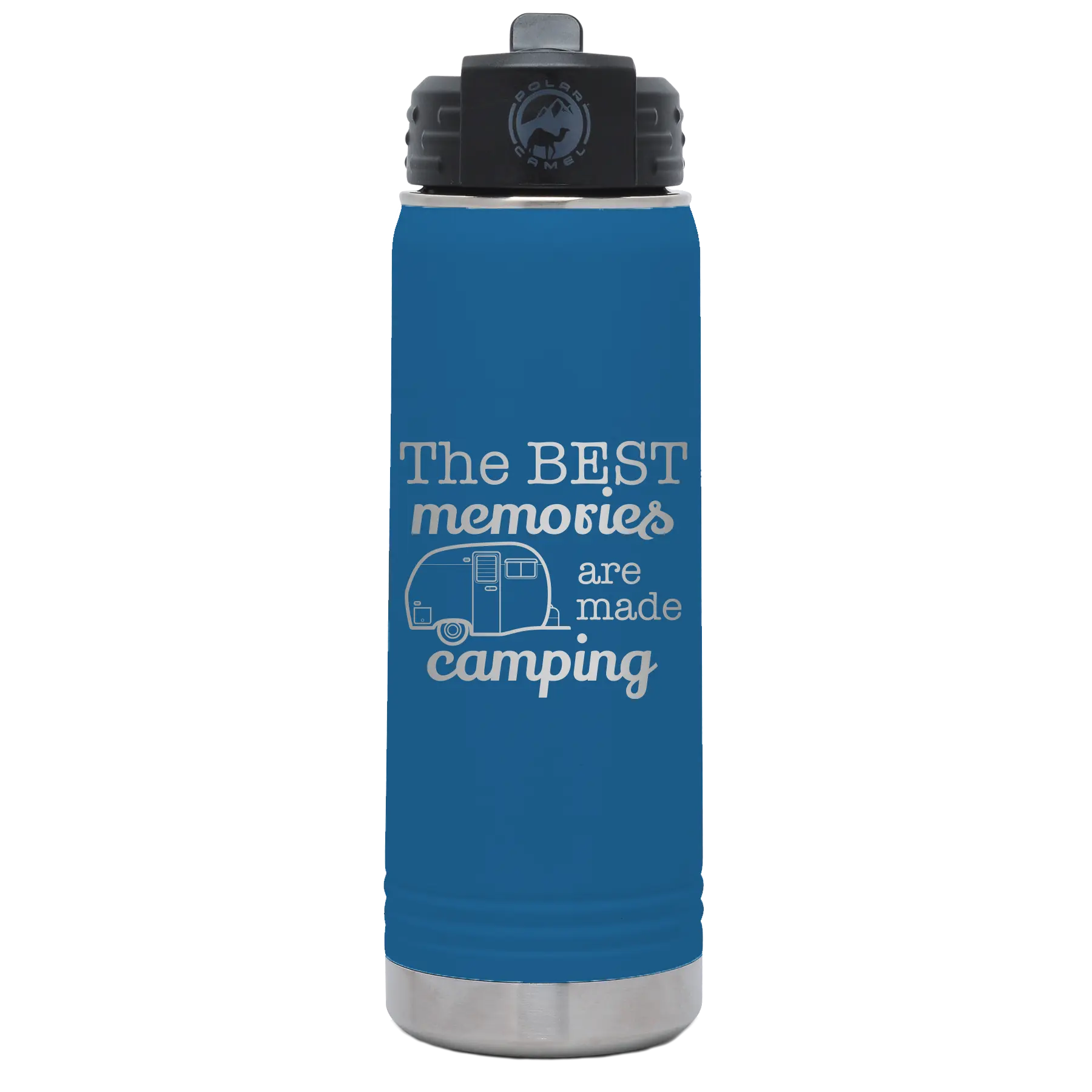 Laser etched royal blue 20 oz vacuum insulated water bottle with 'Camping' design