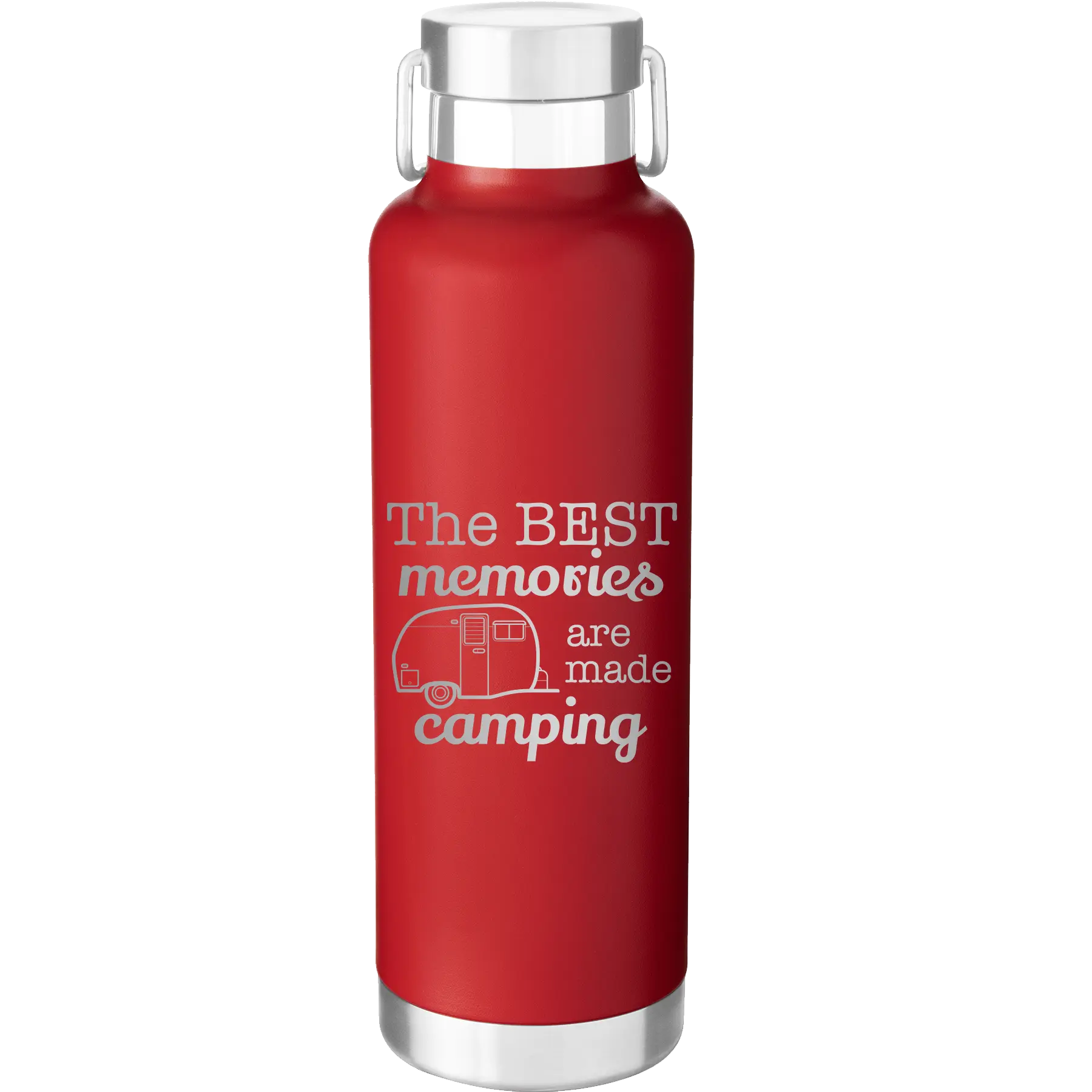 Laser etched red 24 oz vacuum insulated water bottle with 'Camping' design