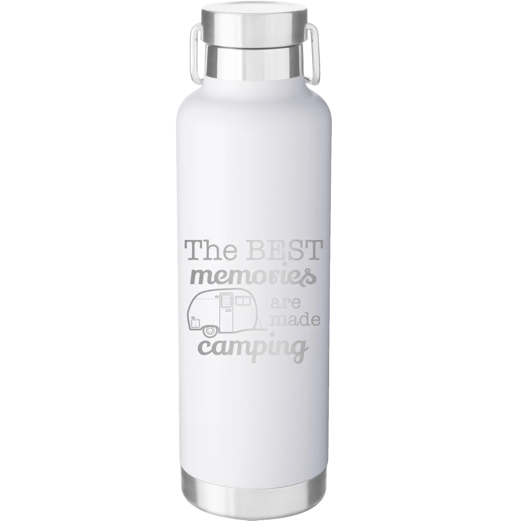 Laser etched white 24 oz vacuum insulated water bottle with 'Camping' design