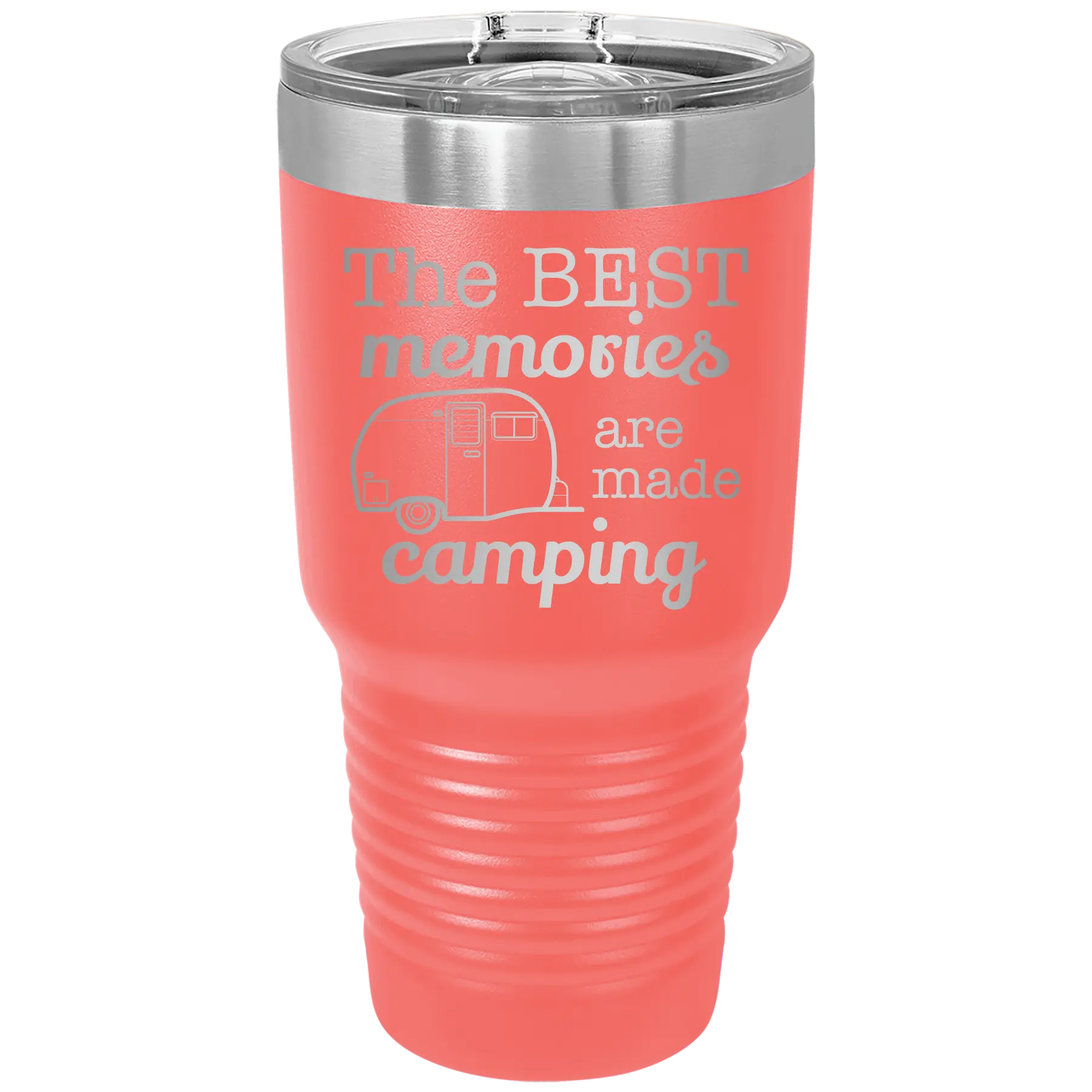 Laser etched coral 30 oz vacuum insulated tumbler with 'Camping' design