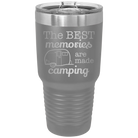 Laser etched dark gray 30 oz vacuum insulated tumbler with 'Camping' design