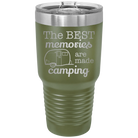 Laser etched olive green 30 oz vacuum insulated tumbler with 'Camping' design