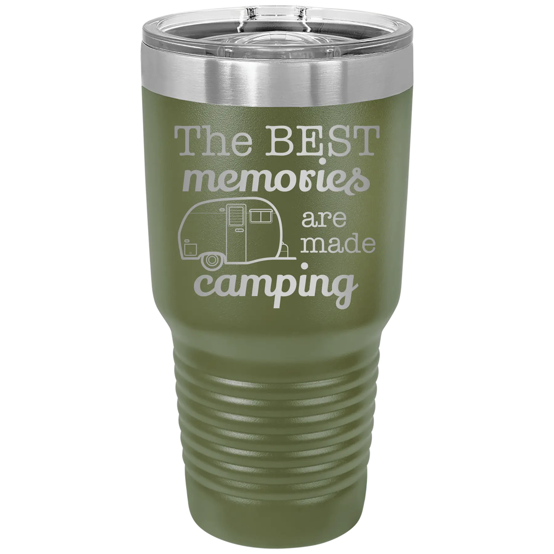 Laser etched olive green 30 oz vacuum insulated tumbler with 'Camping' design