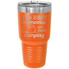 Laser etched orange 30 oz vacuum insulated tumbler with 'Camping' design