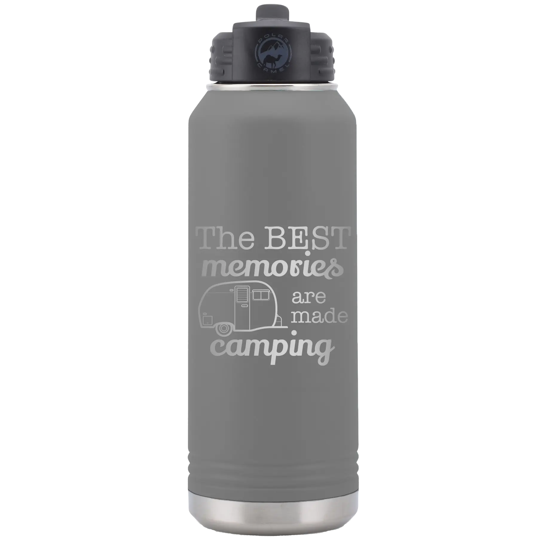 Laser etched dark gray 32 oz vacuum insulated water bottle with 'Camping' design